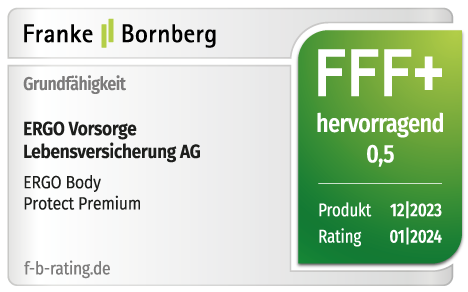 Testsiegel: Franke & Bornberg prämiert die ERGO Grundfähigkeitsversicherung mit FFF hervorragend.